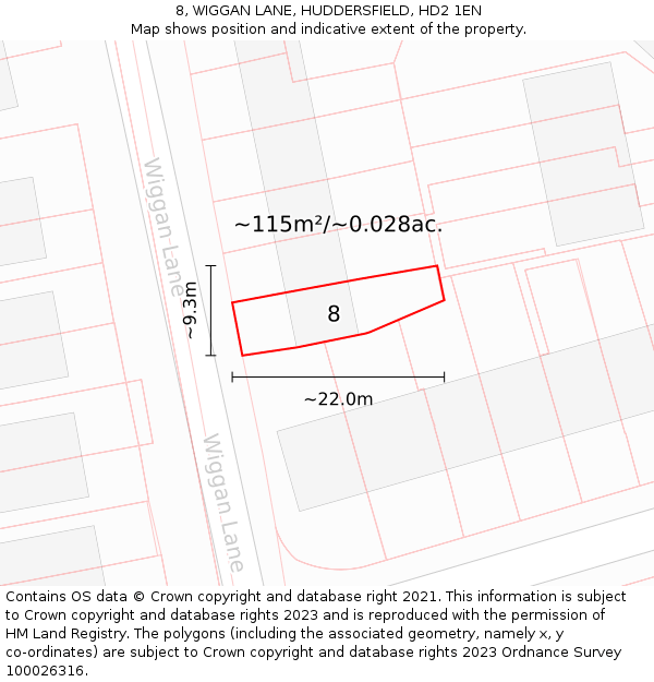 8, WIGGAN LANE, HUDDERSFIELD, HD2 1EN: Plot and title map