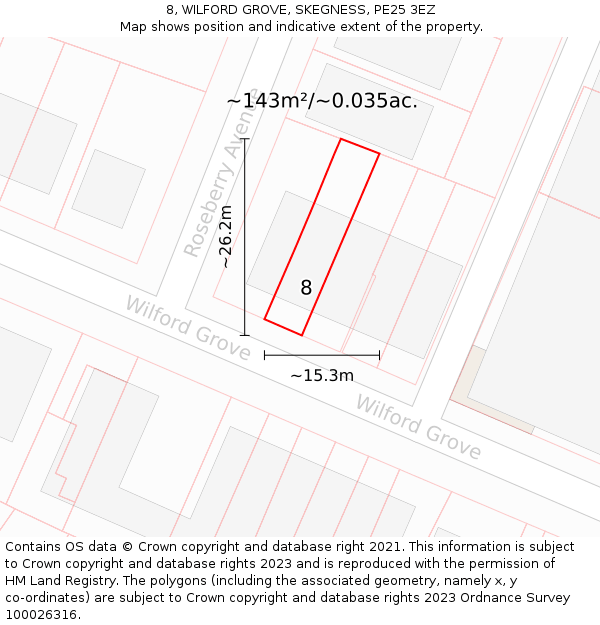 8, WILFORD GROVE, SKEGNESS, PE25 3EZ: Plot and title map
