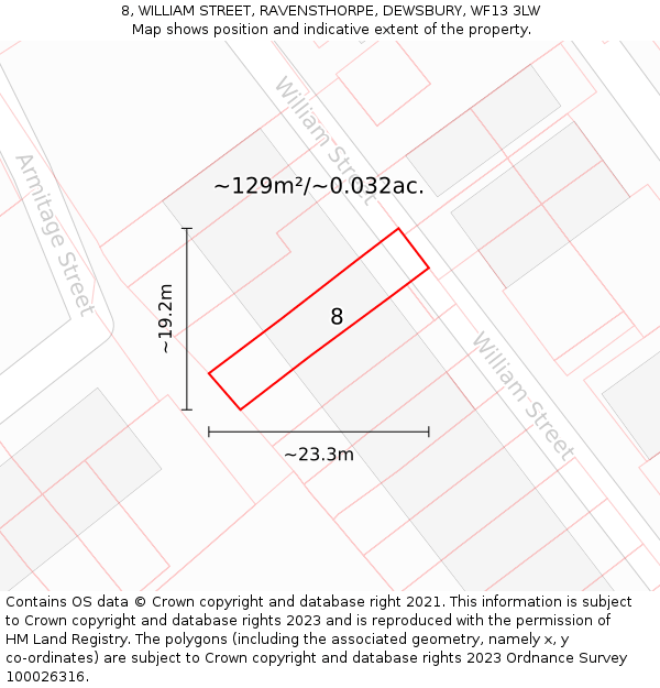 8, WILLIAM STREET, RAVENSTHORPE, DEWSBURY, WF13 3LW: Plot and title map