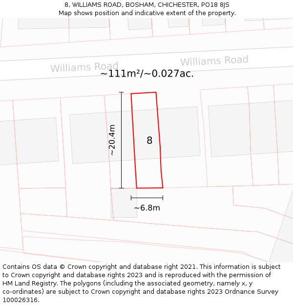 8, WILLIAMS ROAD, BOSHAM, CHICHESTER, PO18 8JS: Plot and title map