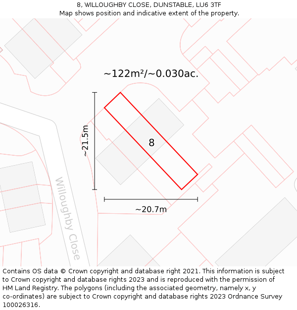 8, WILLOUGHBY CLOSE, DUNSTABLE, LU6 3TF: Plot and title map