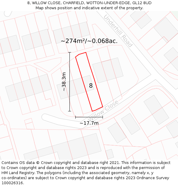 8, WILLOW CLOSE, CHARFIELD, WOTTON-UNDER-EDGE, GL12 8UD: Plot and title map