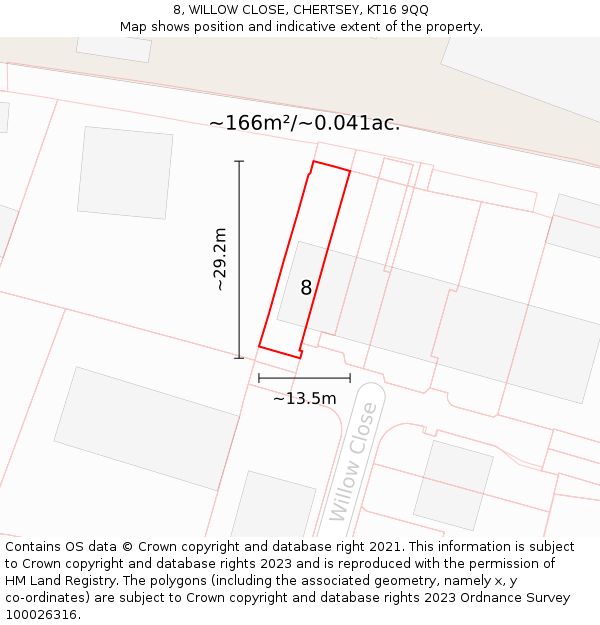 8, WILLOW CLOSE, CHERTSEY, KT16 9QQ: Plot and title map