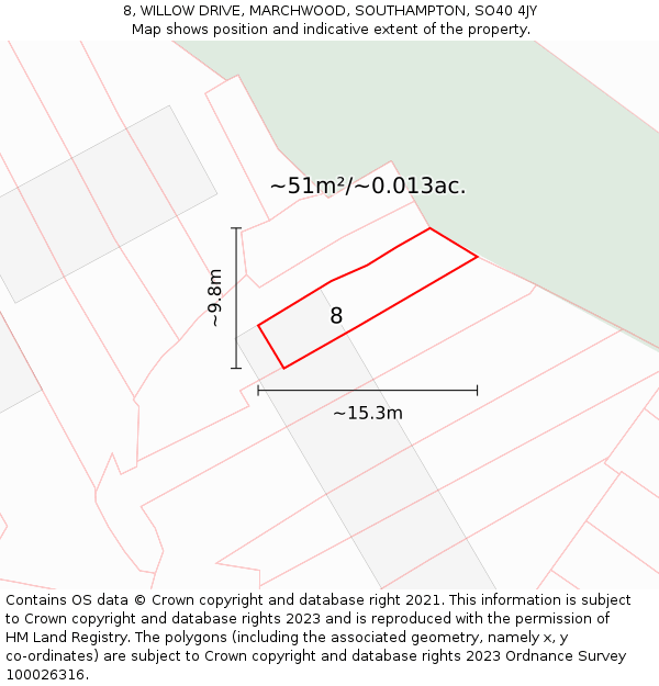 8, WILLOW DRIVE, MARCHWOOD, SOUTHAMPTON, SO40 4JY: Plot and title map