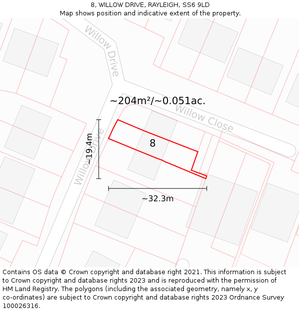 8, WILLOW DRIVE, RAYLEIGH, SS6 9LD: Plot and title map