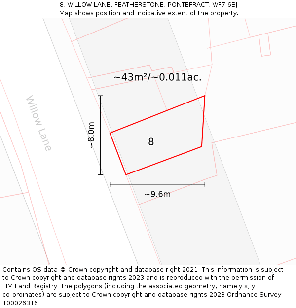 8, WILLOW LANE, FEATHERSTONE, PONTEFRACT, WF7 6BJ: Plot and title map