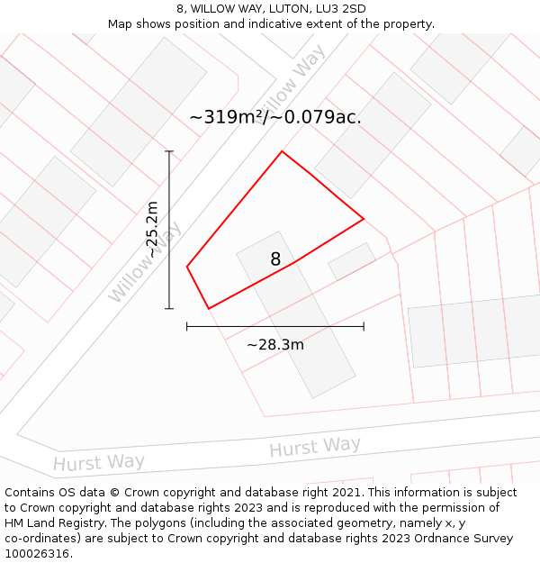 8, WILLOW WAY, LUTON, LU3 2SD: Plot and title map
