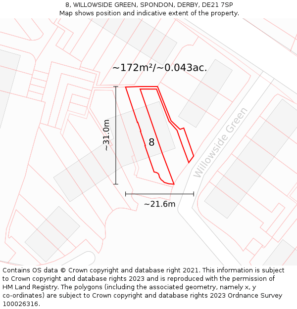 8, WILLOWSIDE GREEN, SPONDON, DERBY, DE21 7SP: Plot and title map