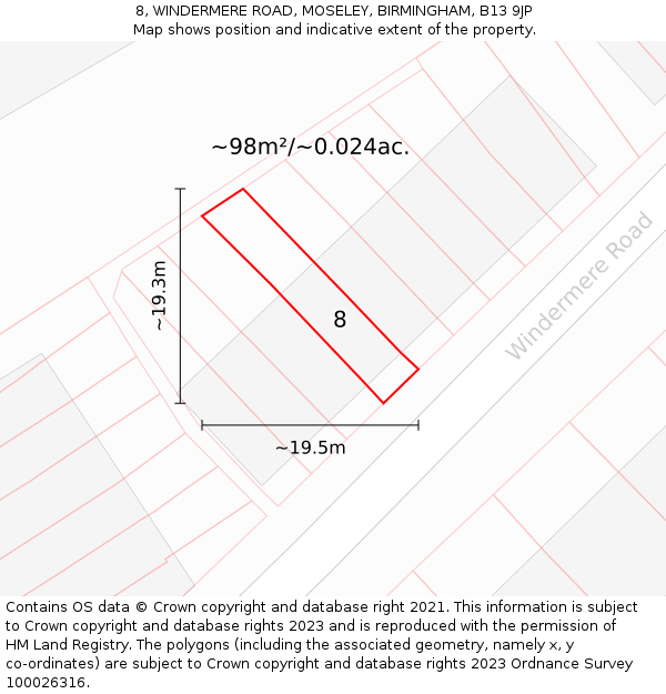 8, WINDERMERE ROAD, MOSELEY, BIRMINGHAM, B13 9JP: Plot and title map