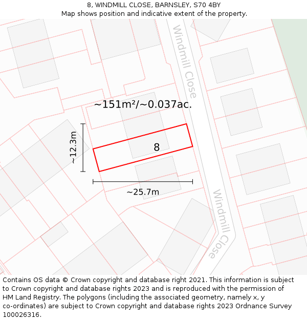 8, WINDMILL CLOSE, BARNSLEY, S70 4BY: Plot and title map