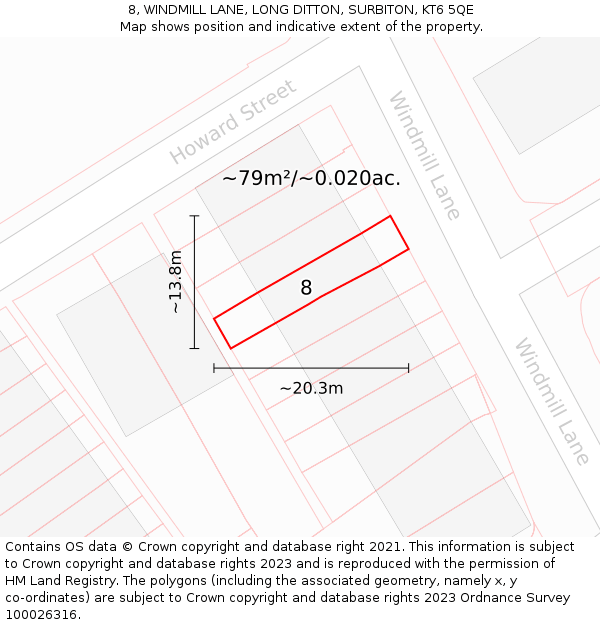 8, WINDMILL LANE, LONG DITTON, SURBITON, KT6 5QE: Plot and title map