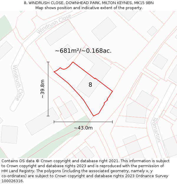 8, WINDRUSH CLOSE, DOWNHEAD PARK, MILTON KEYNES, MK15 9BN: Plot and title map
