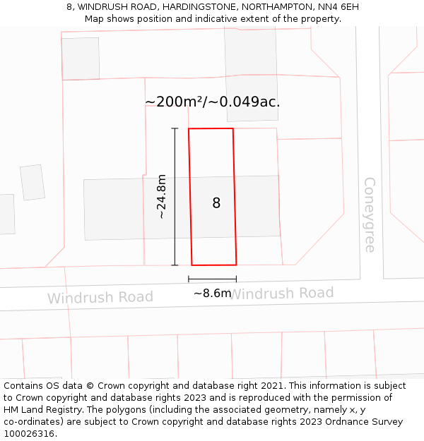 8, WINDRUSH ROAD, HARDINGSTONE, NORTHAMPTON, NN4 6EH: Plot and title map