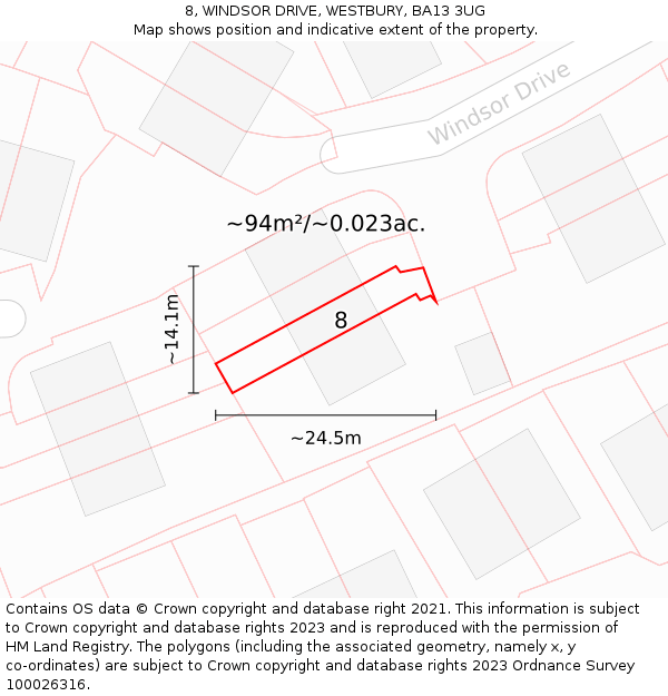 8, WINDSOR DRIVE, WESTBURY, BA13 3UG: Plot and title map