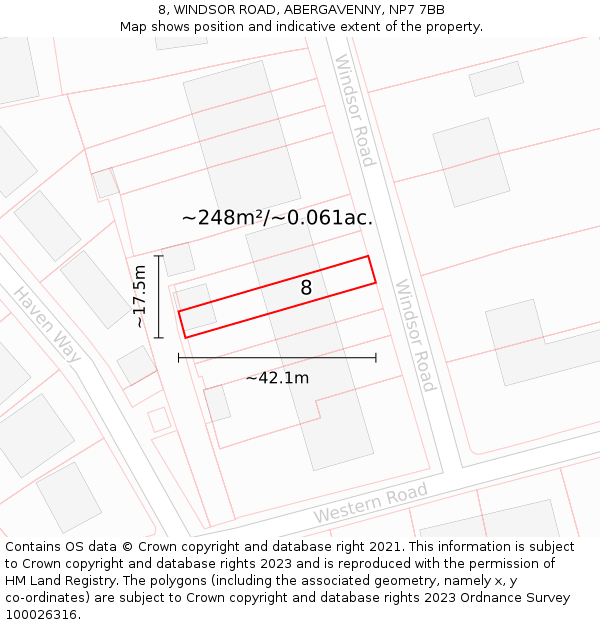 8, WINDSOR ROAD, ABERGAVENNY, NP7 7BB: Plot and title map