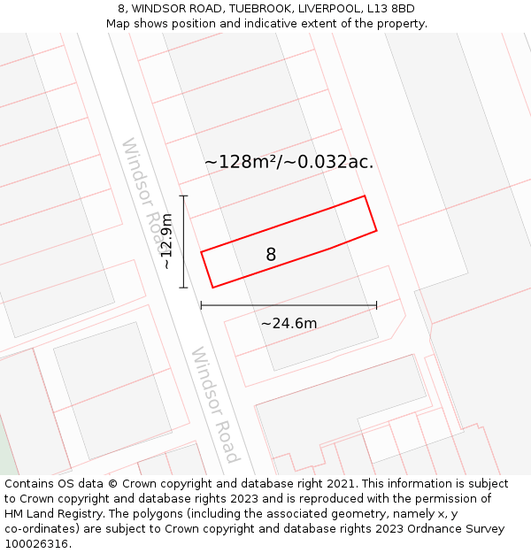 8, WINDSOR ROAD, TUEBROOK, LIVERPOOL, L13 8BD: Plot and title map