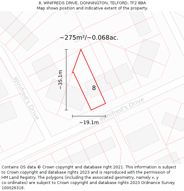 8, WINIFREDS DRIVE, DONNINGTON, TELFORD, TF2 8BA: Plot and title map