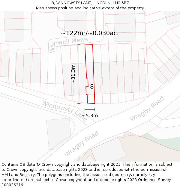 8, WINNOWSTY LANE, LINCOLN, LN2 5RZ: Plot and title map