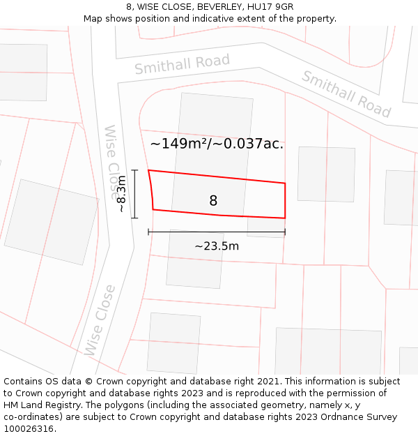 8, WISE CLOSE, BEVERLEY, HU17 9GR: Plot and title map