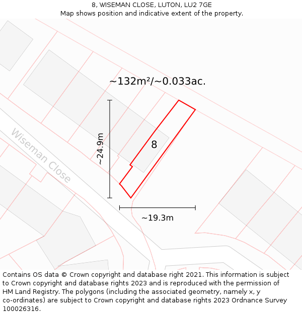 8, WISEMAN CLOSE, LUTON, LU2 7GE: Plot and title map