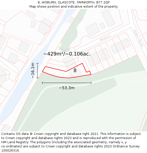 8, WOBURN, GLASCOTE, TAMWORTH, B77 2QP: Plot and title map