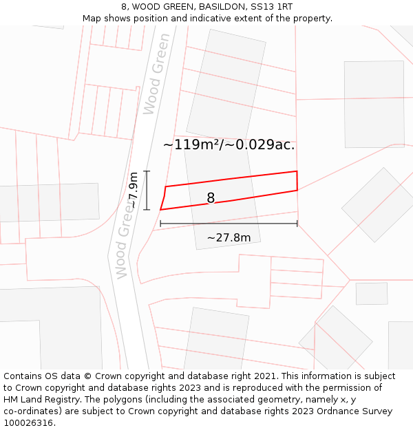 8, WOOD GREEN, BASILDON, SS13 1RT: Plot and title map