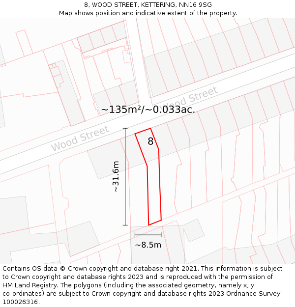 8, WOOD STREET, KETTERING, NN16 9SG: Plot and title map