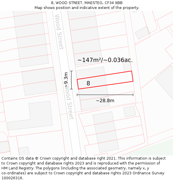 8, WOOD STREET, MAESTEG, CF34 9BB: Plot and title map