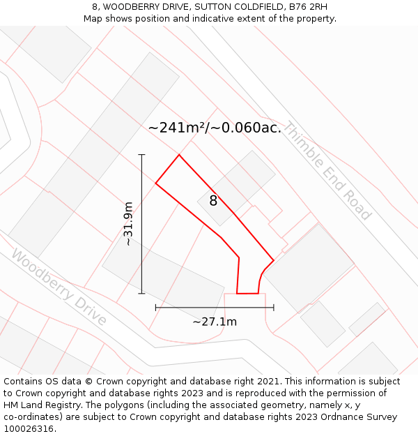 8, WOODBERRY DRIVE, SUTTON COLDFIELD, B76 2RH: Plot and title map