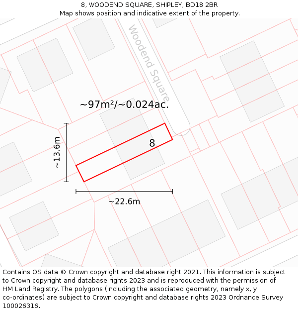 8, WOODEND SQUARE, SHIPLEY, BD18 2BR: Plot and title map