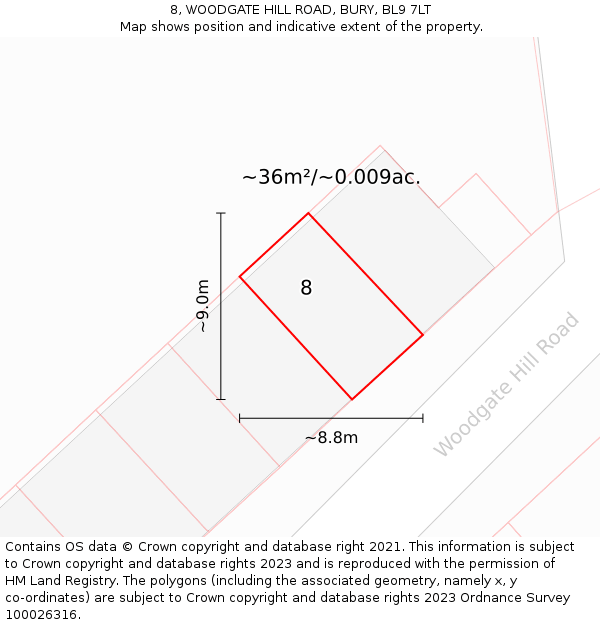 8, WOODGATE HILL ROAD, BURY, BL9 7LT: Plot and title map