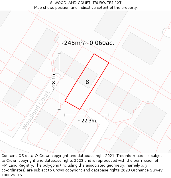 8, WOODLAND COURT, TRURO, TR1 1XT: Plot and title map