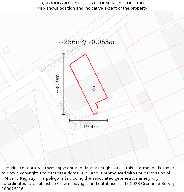 8, WOODLAND PLACE, HEMEL HEMPSTEAD, HP1 1RD: Plot and title map