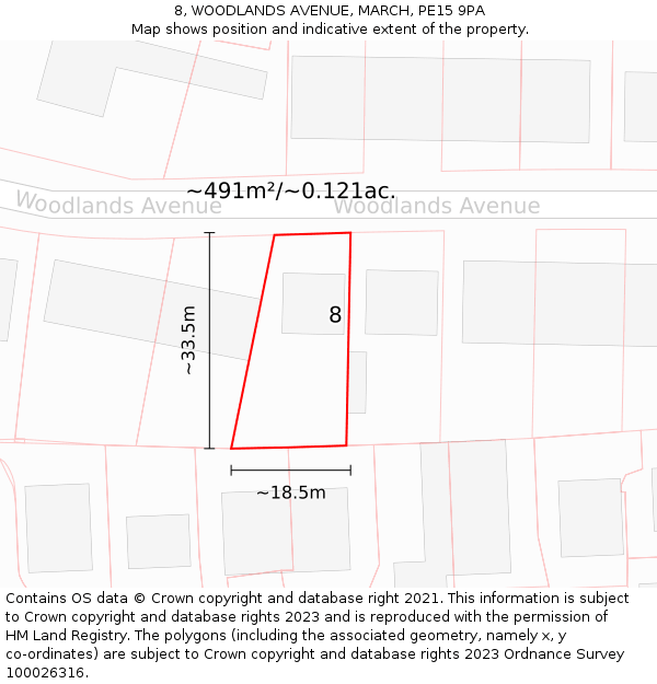 8, WOODLANDS AVENUE, MARCH, PE15 9PA: Plot and title map