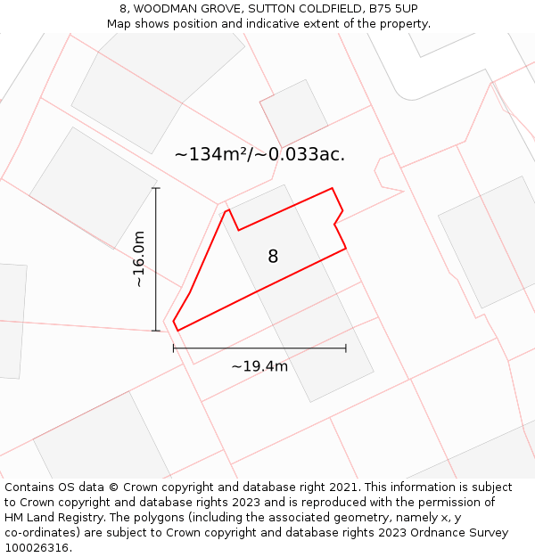 8, WOODMAN GROVE, SUTTON COLDFIELD, B75 5UP: Plot and title map