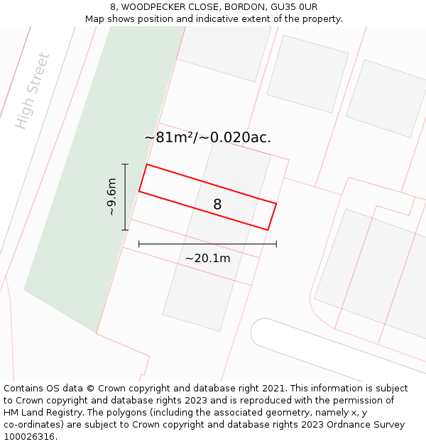 8, WOODPECKER CLOSE, BORDON, GU35 0UR: Plot and title map