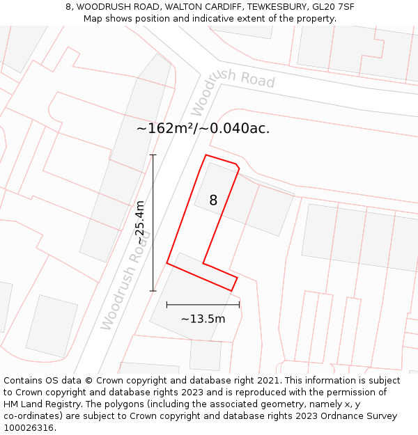 8, WOODRUSH ROAD, WALTON CARDIFF, TEWKESBURY, GL20 7SF: Plot and title map
