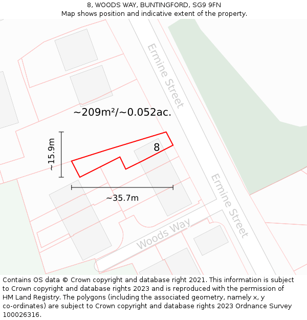 8, WOODS WAY, BUNTINGFORD, SG9 9FN: Plot and title map