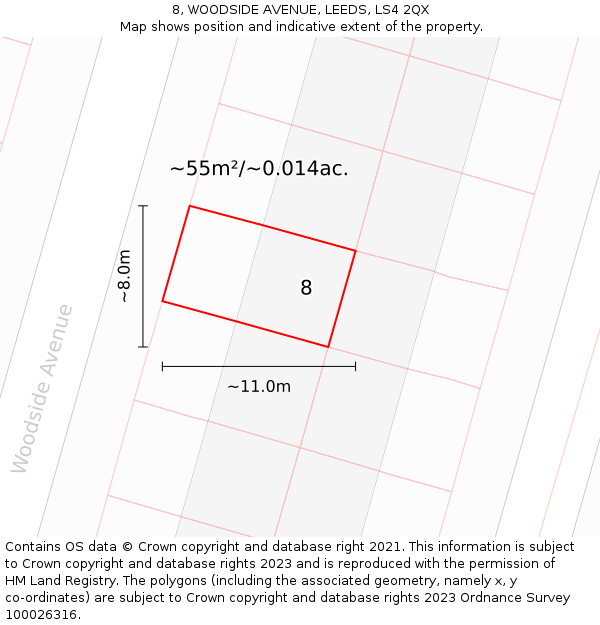 8, WOODSIDE AVENUE, LEEDS, LS4 2QX: Plot and title map
