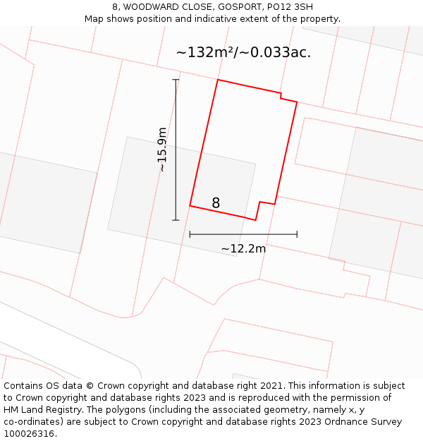 8, WOODWARD CLOSE, GOSPORT, PO12 3SH: Plot and title map