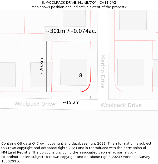 8, WOOLPACK DRIVE, NUNEATON, CV11 6AZ: Plot and title map