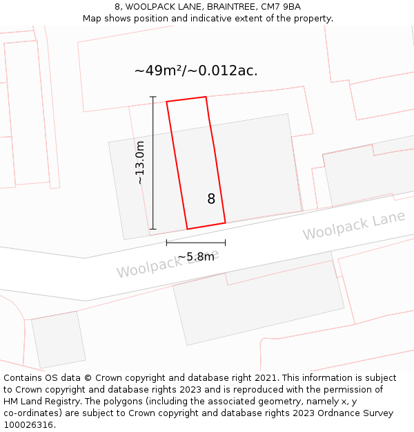 8, WOOLPACK LANE, BRAINTREE, CM7 9BA: Plot and title map