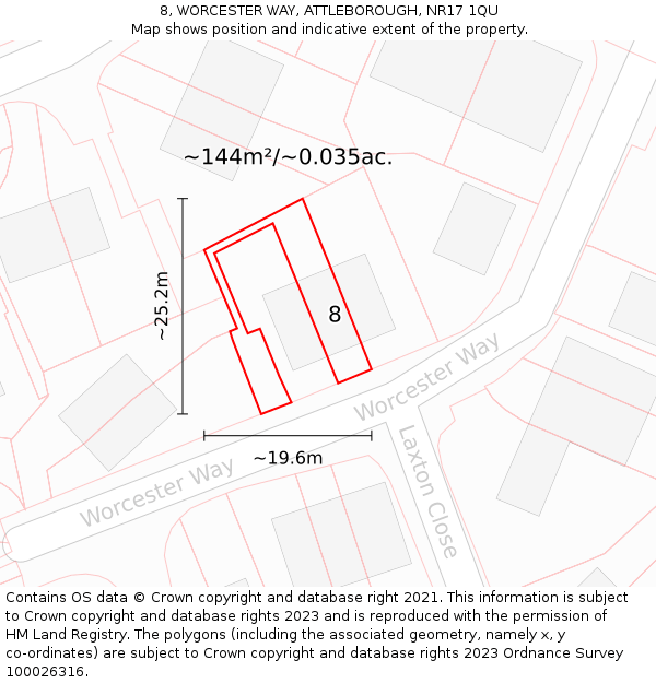 8, WORCESTER WAY, ATTLEBOROUGH, NR17 1QU: Plot and title map