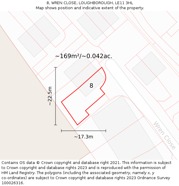 8, WREN CLOSE, LOUGHBOROUGH, LE11 3HL: Plot and title map