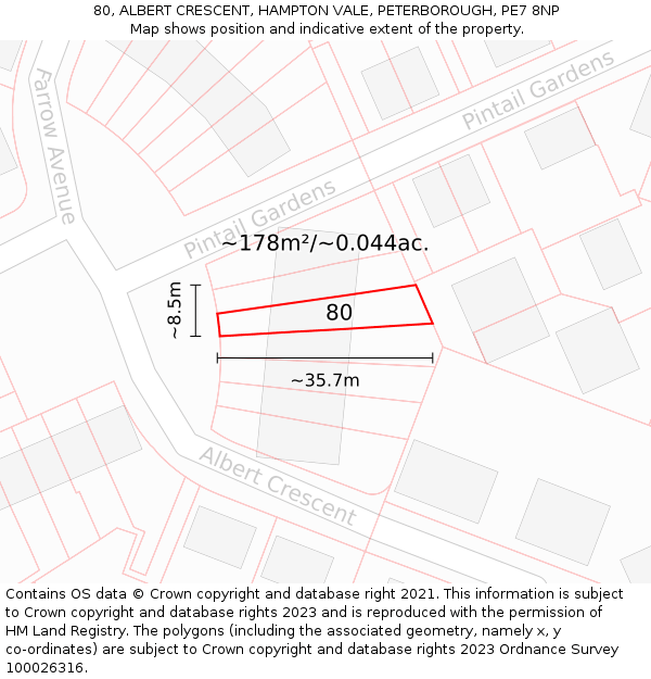 80, ALBERT CRESCENT, HAMPTON VALE, PETERBOROUGH, PE7 8NP: Plot and title map