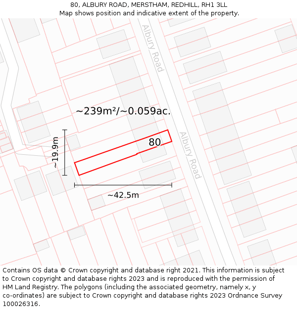 80, ALBURY ROAD, MERSTHAM, REDHILL, RH1 3LL: Plot and title map
