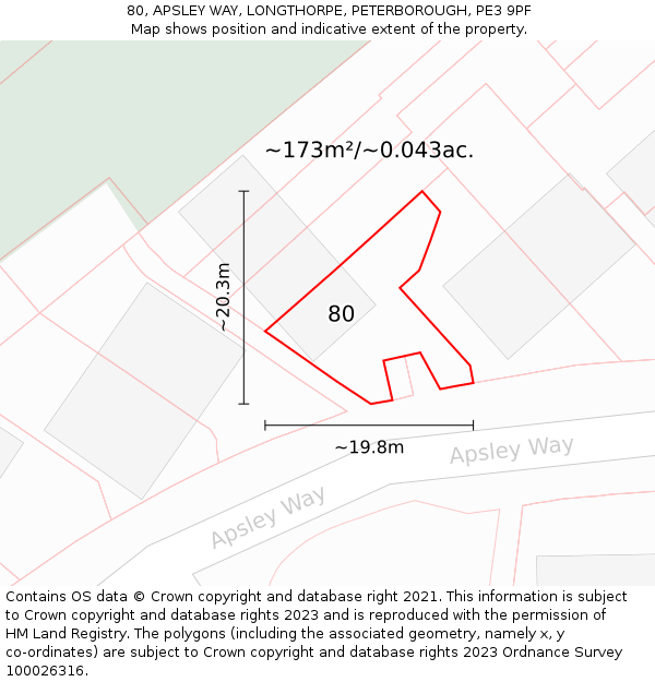 80, APSLEY WAY, LONGTHORPE, PETERBOROUGH, PE3 9PF: Plot and title map
