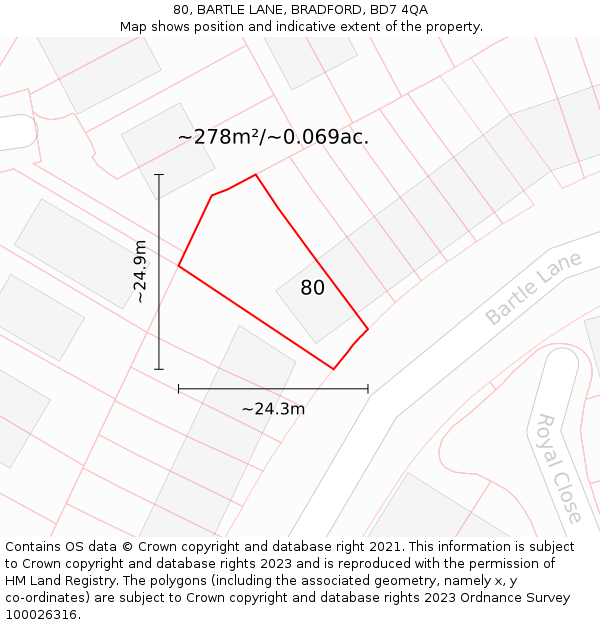 80, BARTLE LANE, BRADFORD, BD7 4QA: Plot and title map