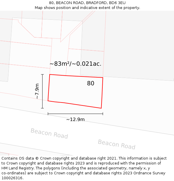 80, BEACON ROAD, BRADFORD, BD6 3EU: Plot and title map