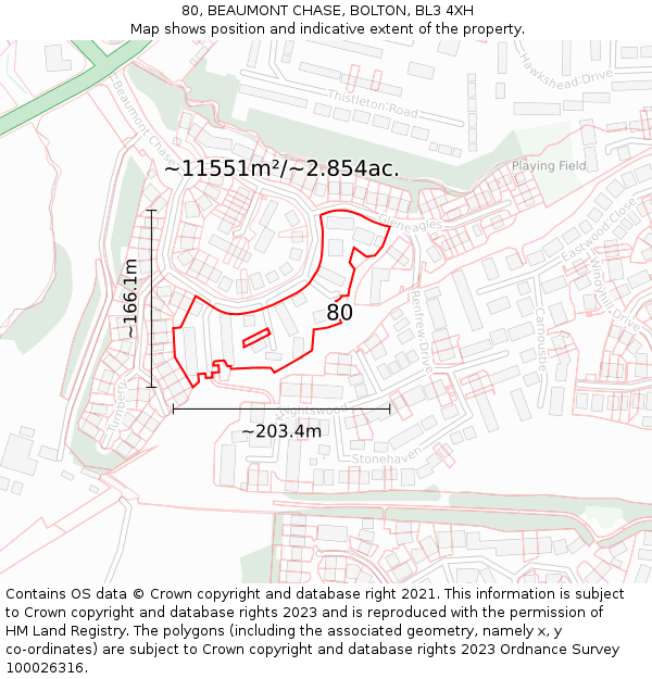 80, BEAUMONT CHASE, BOLTON, BL3 4XH: Plot and title map